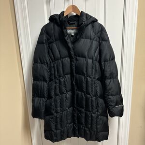 NEW Eddie Bauer Womens XL Down Filled Puffer Jacket Long Black Hooded Parka Coat